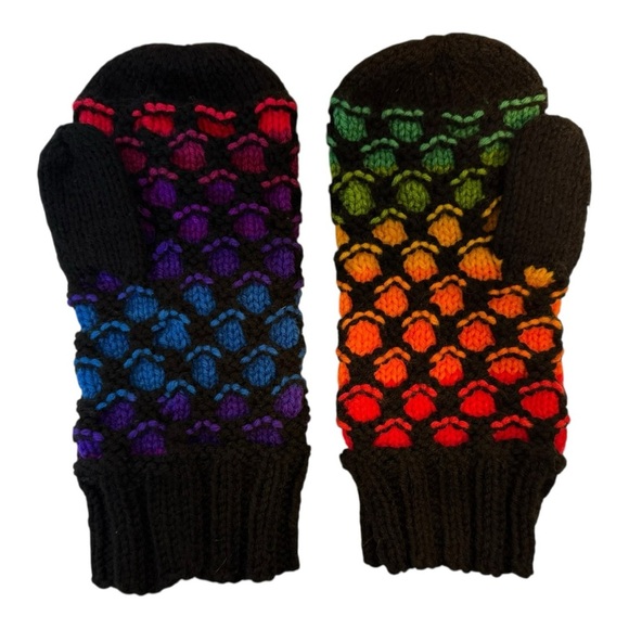 Hand Knit Rainbow Colour Newfoundland Mittens - Picture 2 of 6